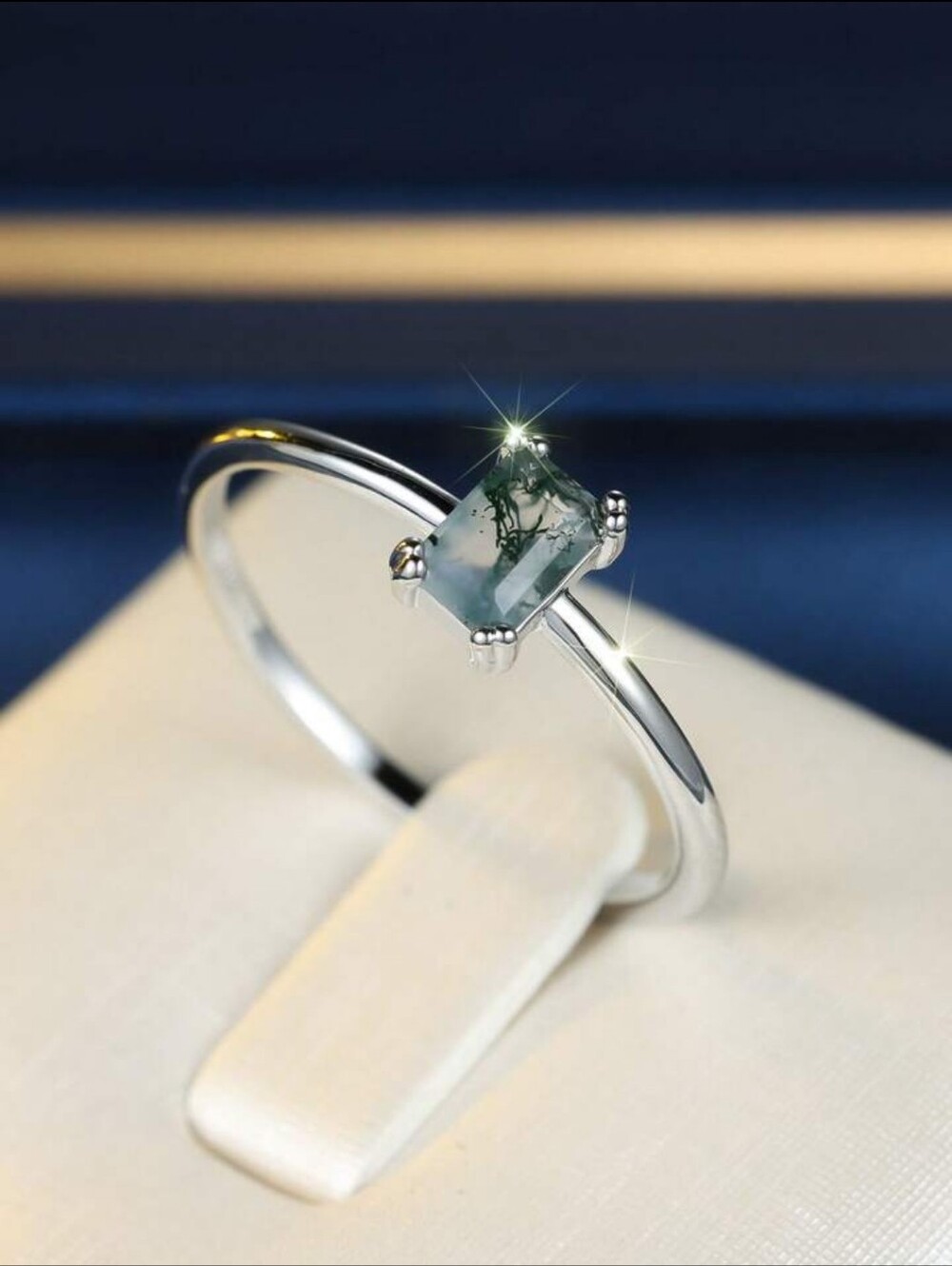 SHEIN | Silver Natural Moss Agate Solitaire Ring in Green